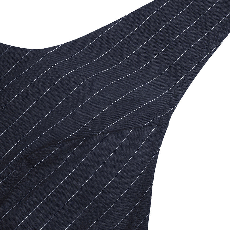 Navy Pinstripe Halter V Neck Button Front Wide Leg Jumpsuit