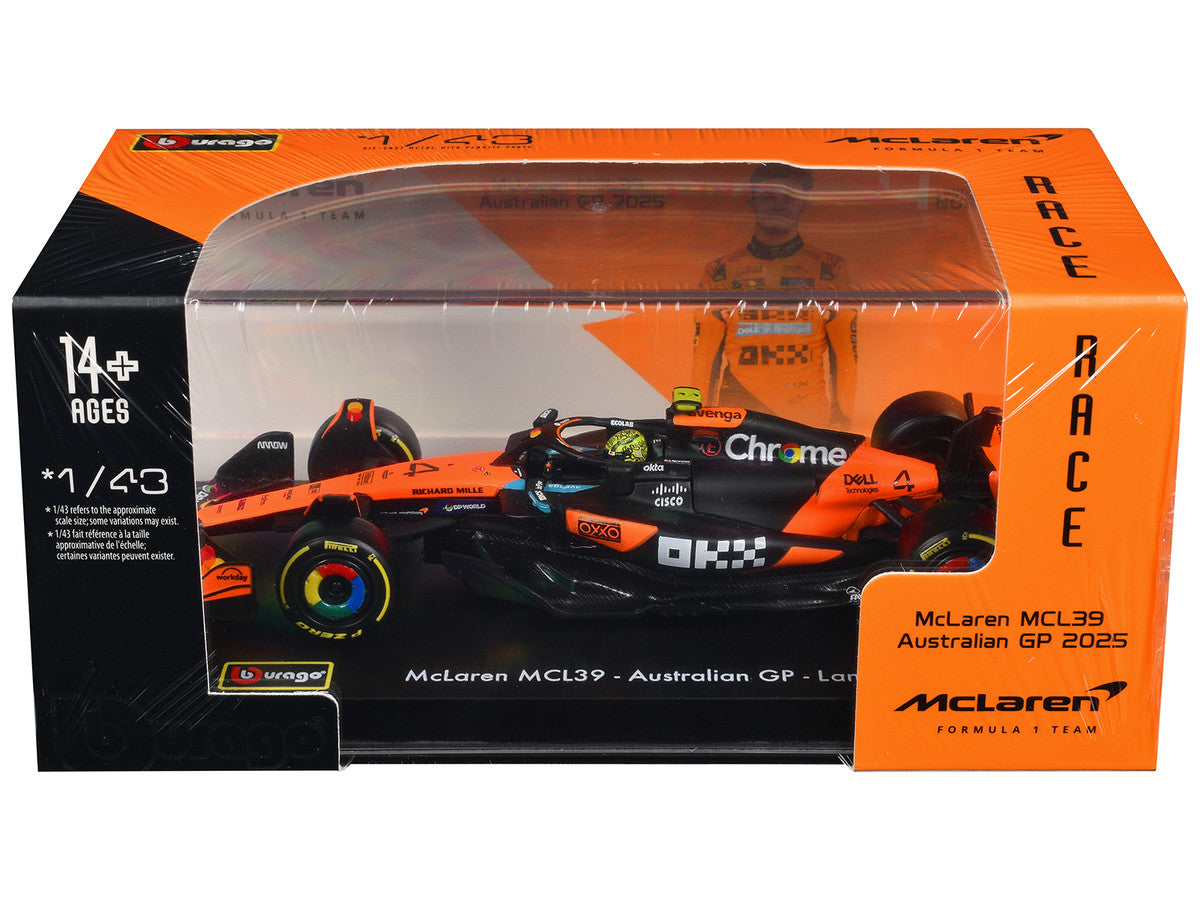 McLaren MCL39 #4 Lando Norris Winner Formula One F1 "Australian GP" (2025) with Display Case "Race" Series 1/43 Diecast Model Car by Bburago