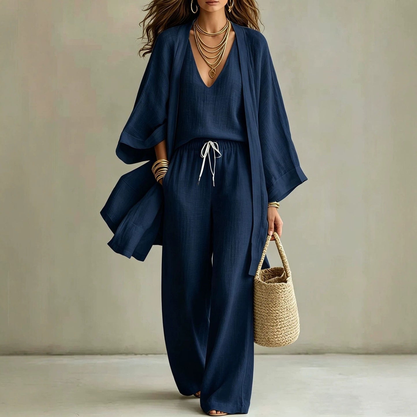 Womens Casual Three-piece Set Nine-quarter-sleeve Cardigan Sleeveless Vest And Long Pants