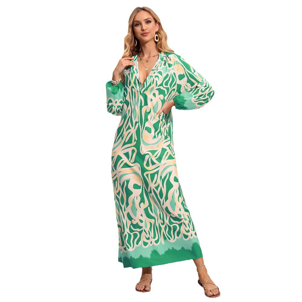 V-neck Abstract Printing Loose Long Style Long Sleeve Women's Dress