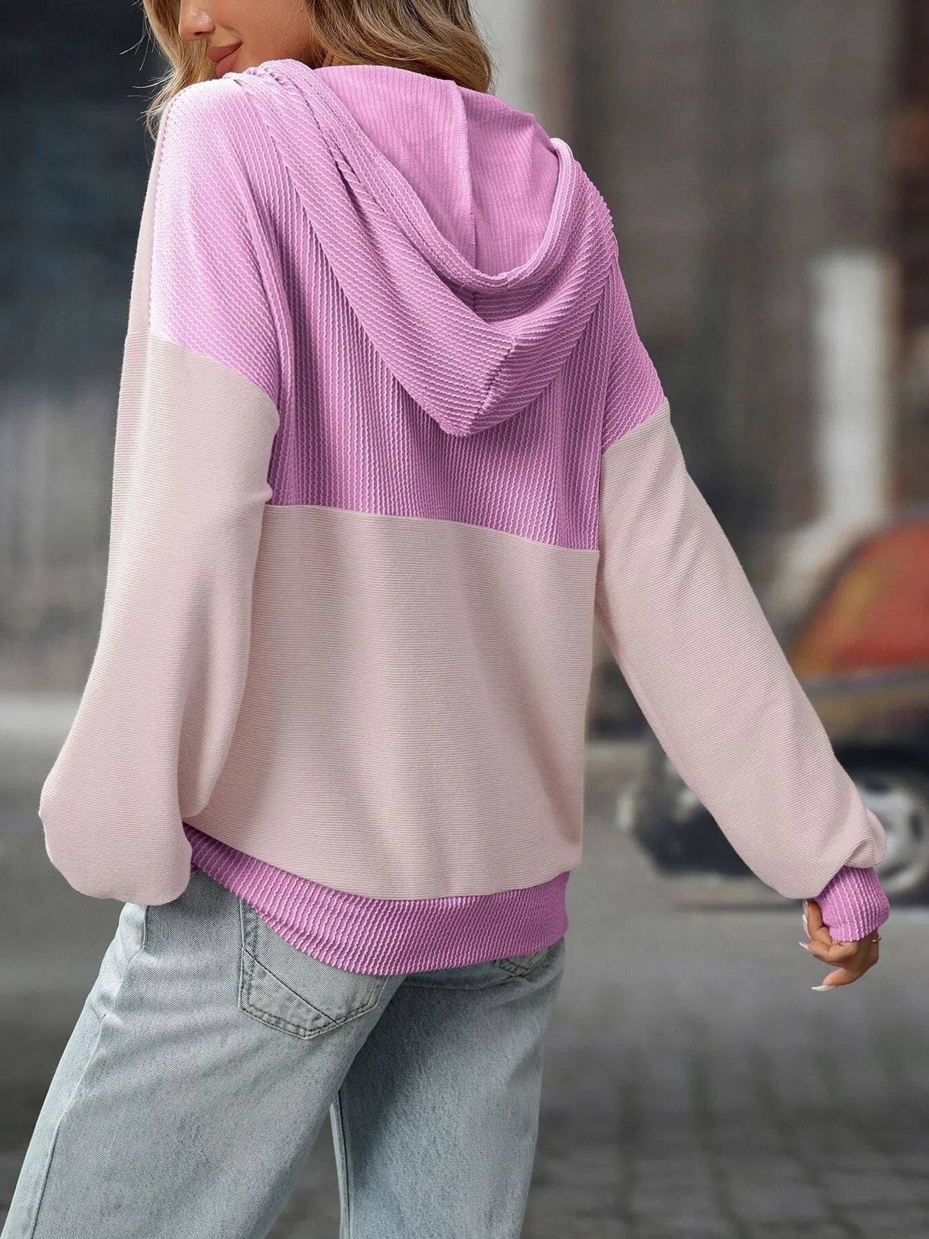 Drawstring Button Detail Long Sleeve Hoodie