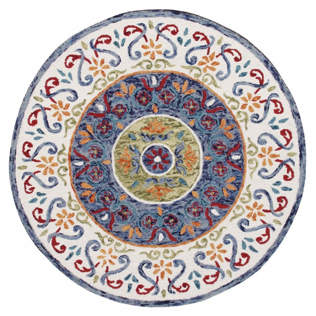 4' Round Blue and White Ornate Medallion Area Rug