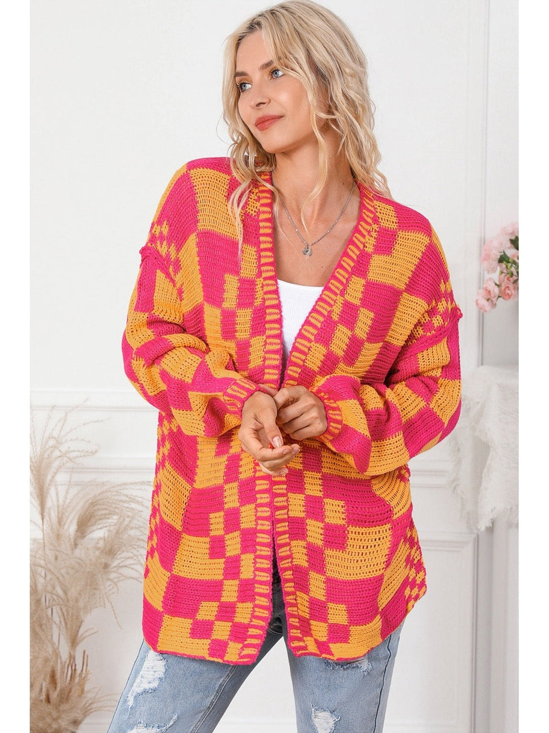 Women Cardigan Sweater Contrast Exposed Seam Open Front Orange Colored