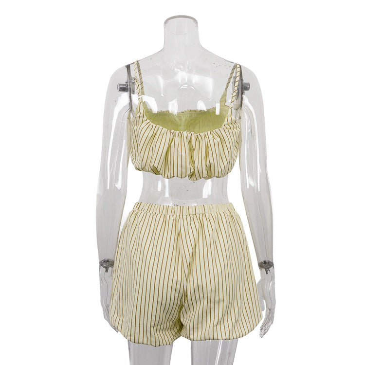 Women's Striped 3 Piece Outfit Set&Oversized Button Down Shirt&Crop Tube Top&Elastic Shorts&Yellow Casual Loungewear