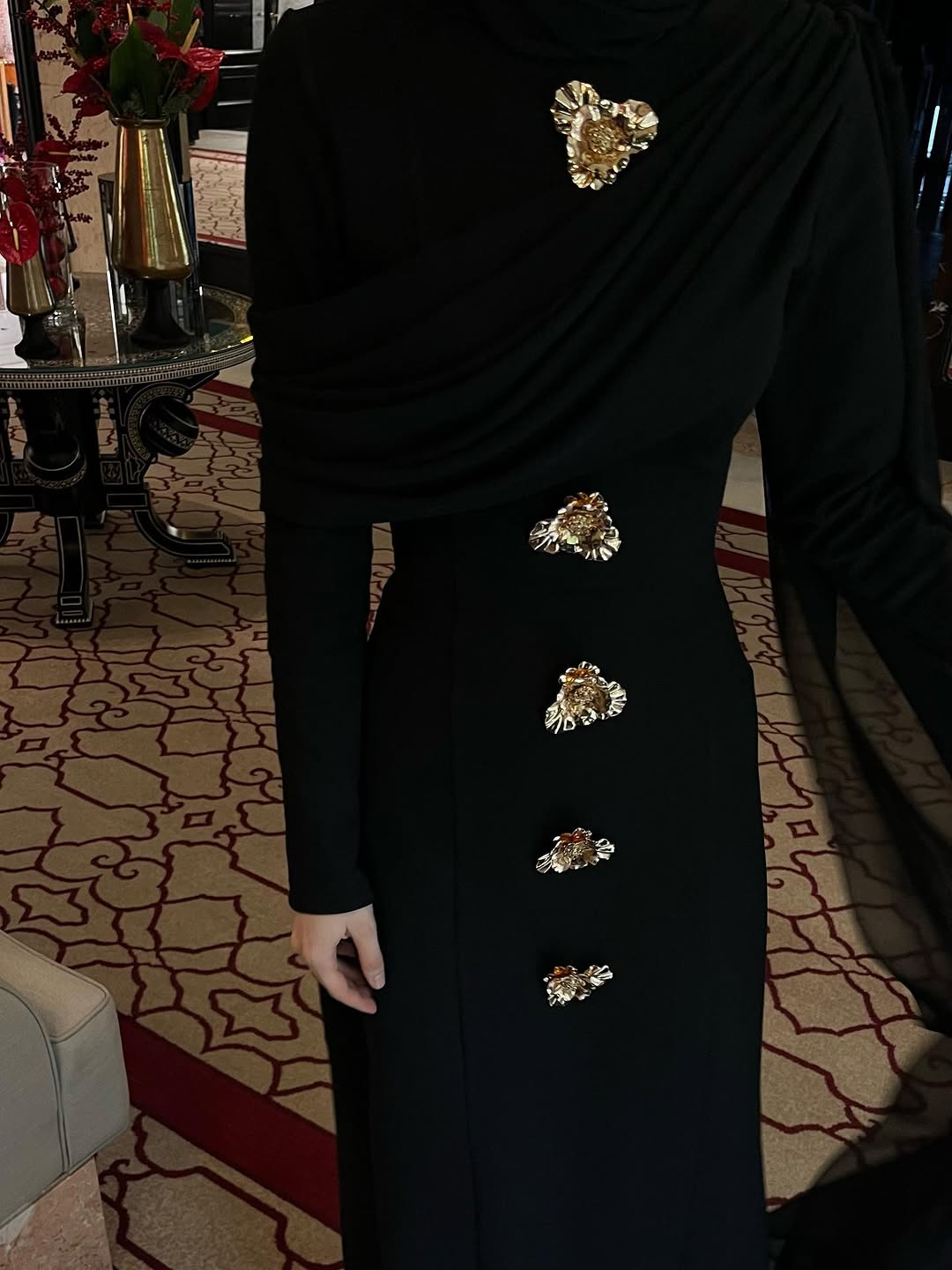 Black Turtleneck Cape Sleeve Gold Button Maxi Dress