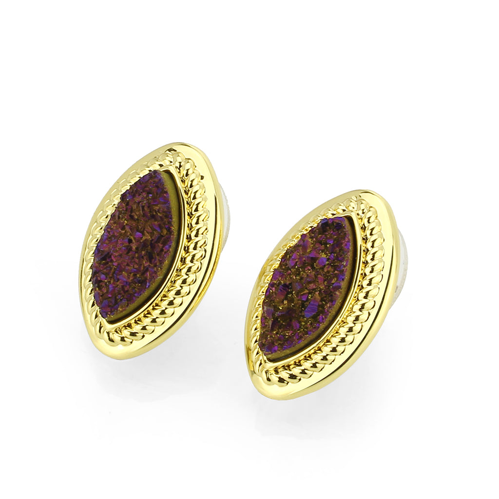 3W1725E - Flash Gold+E-coating Brass Earring with Druzy in Amethyst