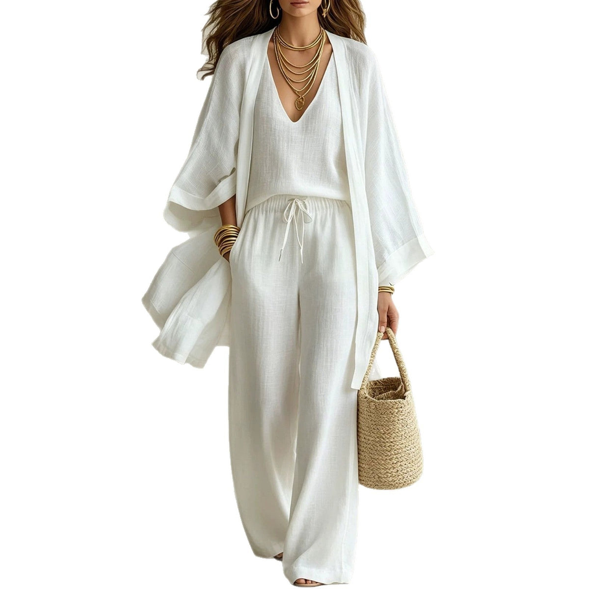 Womens Casual Three-piece Set Nine-quarter-sleeve Cardigan Sleeveless Vest And Long Pants