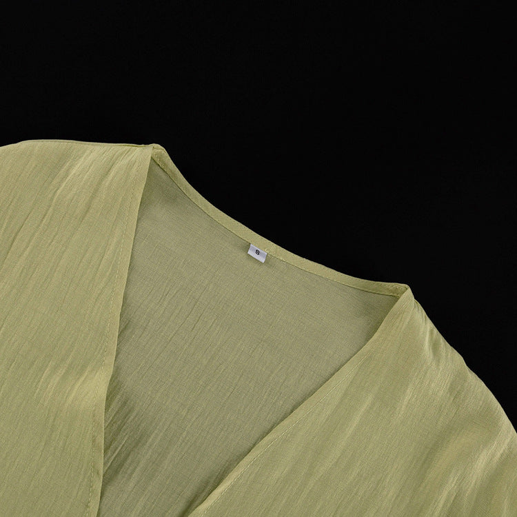 Sage Green 3-Piece Loungewear Set - Crop Top, Kimono Cardigan & Wide Leg Pants