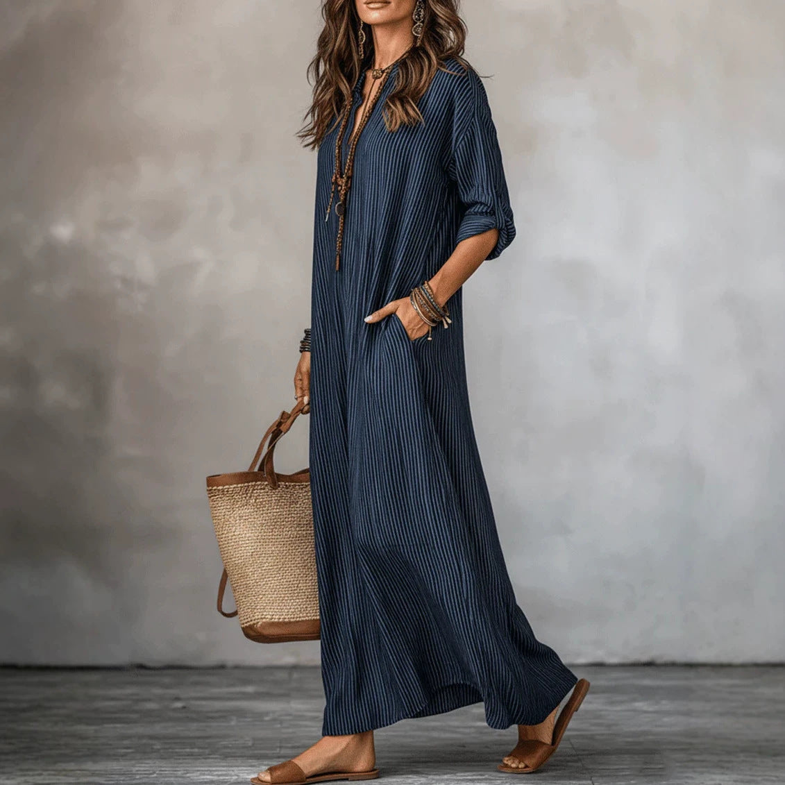 Fashionable V-neck Striped Loose-fit Dress
