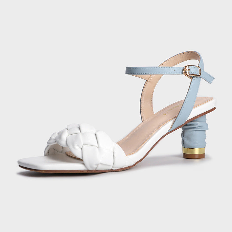 Woven High Heel Sandals with Square Toe Design
