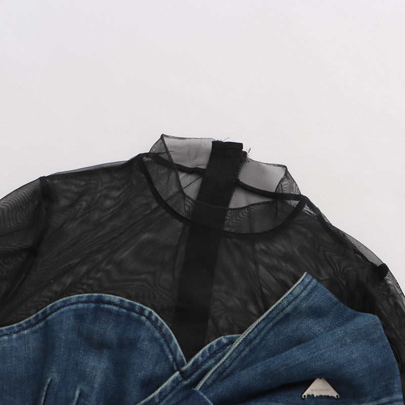 Denim Bow Mesh Overlay Top