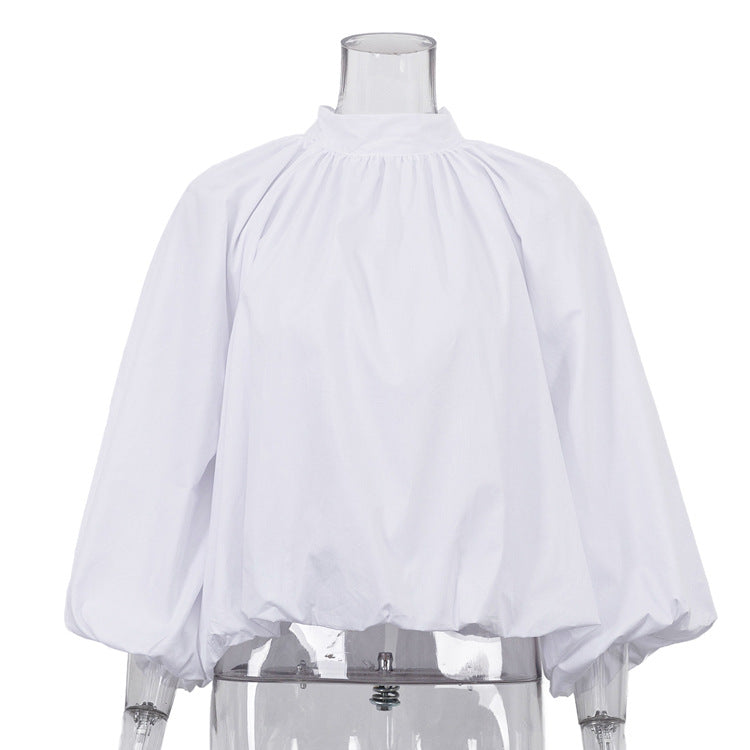 Puff-sleeved Backless Stand-collar Blouse