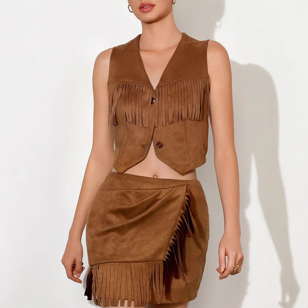 Western Denim Style V-neck Tassel Short Slim Fit Women's Sleeveless Vest Jacket Set