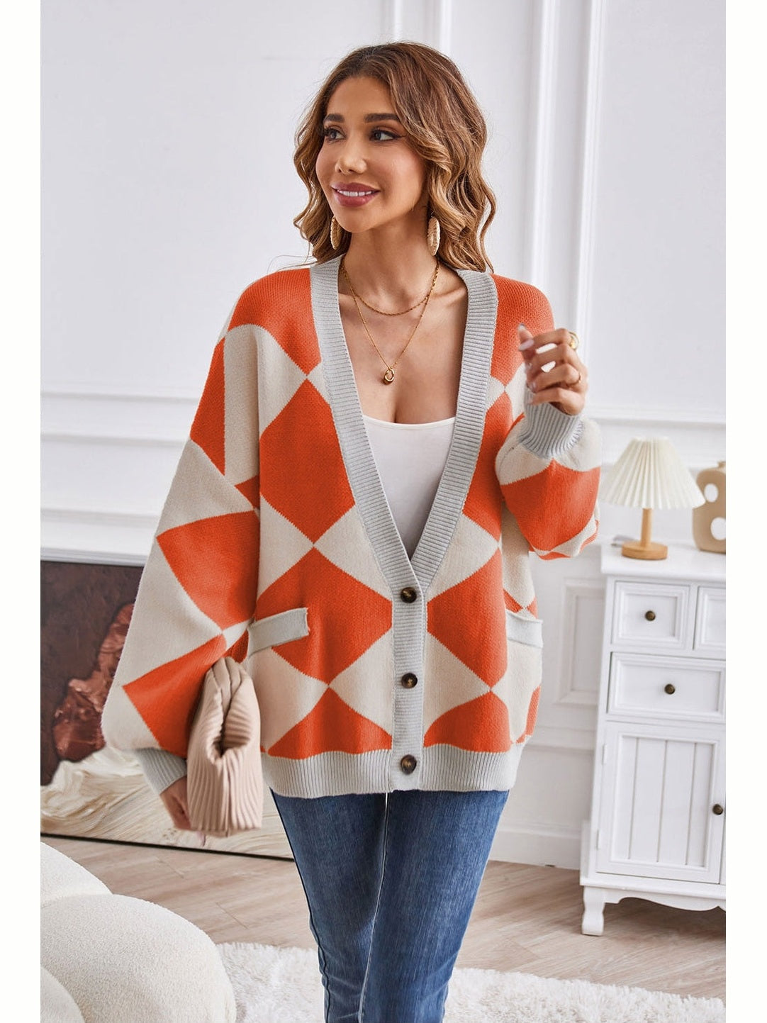 Women Geometric Lantern Sleeve Cardigan with Pockets
