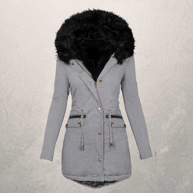 Medium Length Hooded Cotton Padded Jacket with Wool Collar