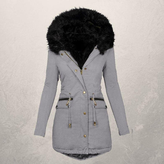 Medium Length Hooded Cotton Padded Jacket with Wool Collar