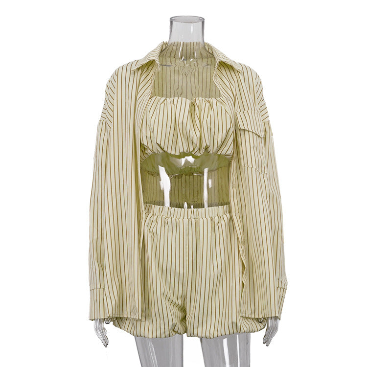 Women's Striped 3 Piece Outfit Set&Oversized Button Down Shirt&Crop Tube Top&Elastic Shorts&Yellow Casual Loungewear
