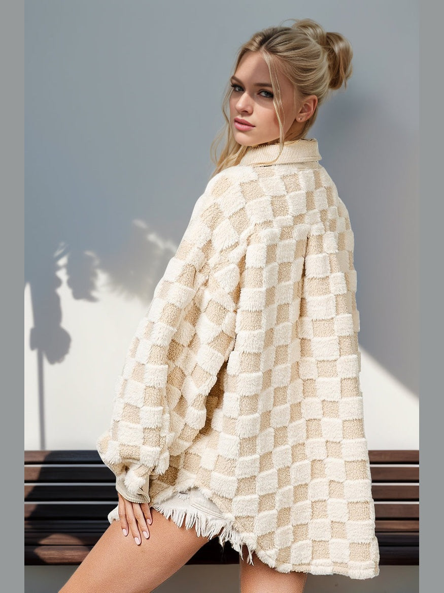 Women Women Double Take Button Up Fuzzy Checkered Shacket