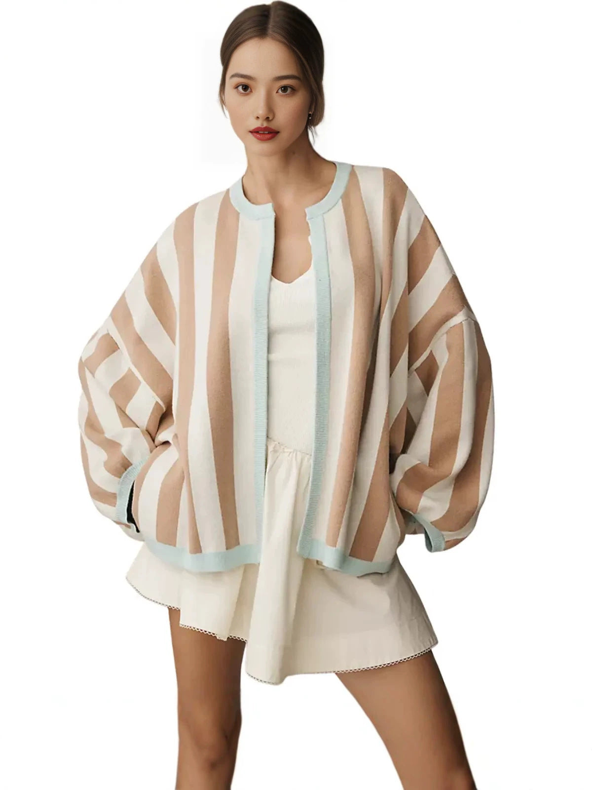 2026 Color Block Striped Plus Size Loose Lantern Sleeve Autumn Winter Thin Sun Protective Cardigan 2026 Autumn New Product