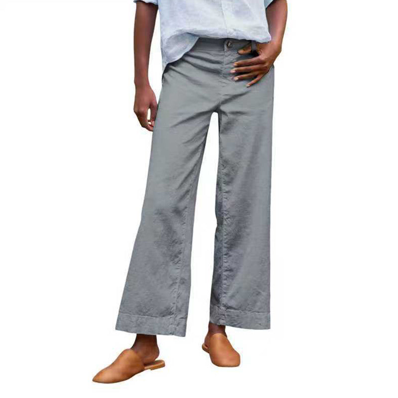 European And American Style High-Waisted Solid Color Cropped Flared Loose Wide-Leg Womens Trousers With Buttons