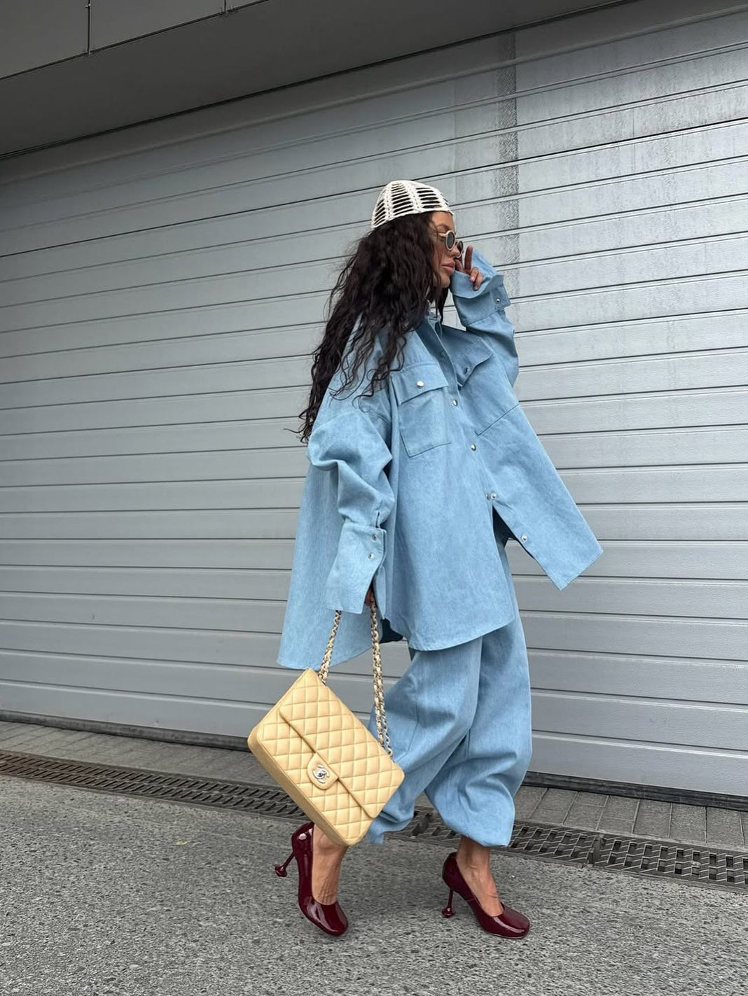 Light Blue Denim Oversized Shirt And Baggy Pants Set