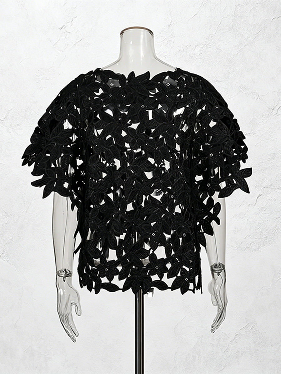 Black Floral Lace Cut-Out Short Sleeve Top