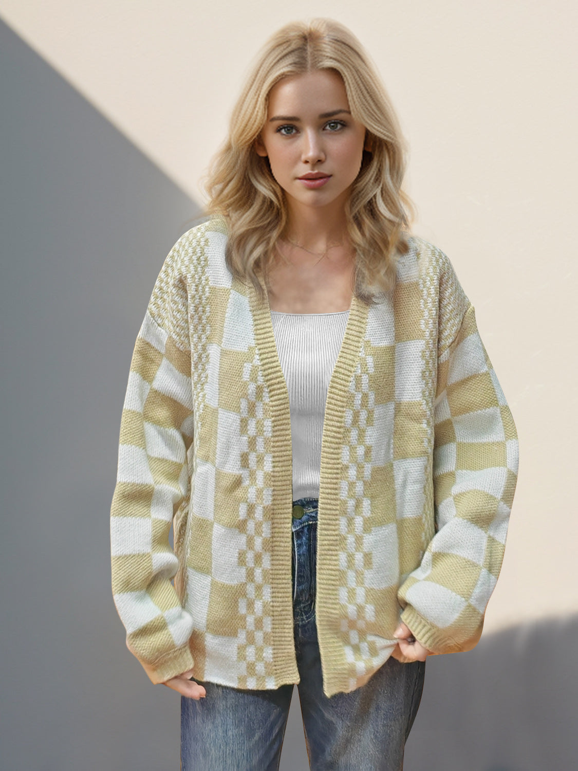 Women Double Take Checkered Open Front Dropped Shoulder Cardigan