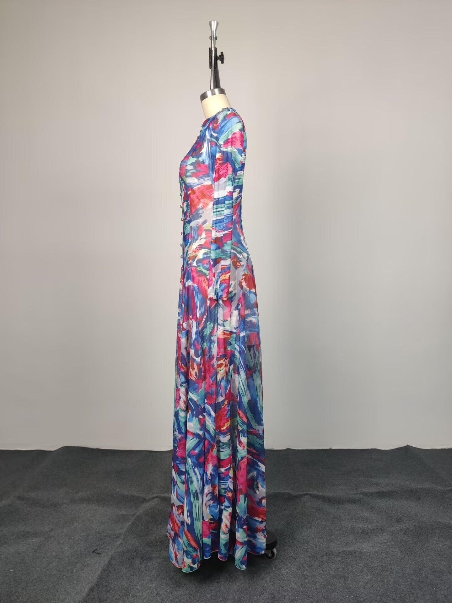 Multicolor Abstract Print Long Sleeve Maxi Dress