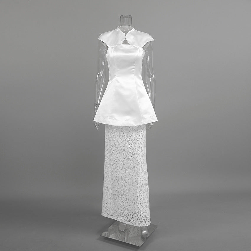 Commuter-appropriate Two-piece Set- Irregular Strapless Top And White Lace Skirt