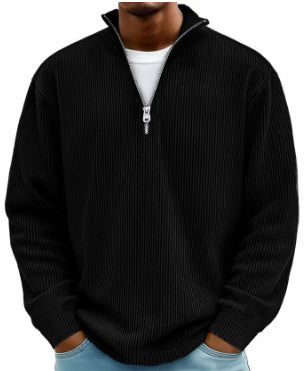 Corduroy Zipper Stand Collar Sweatshirt Fashion Warm Solid Color Long Sleeve Top Men's Casual Polo Shirt Clothing
