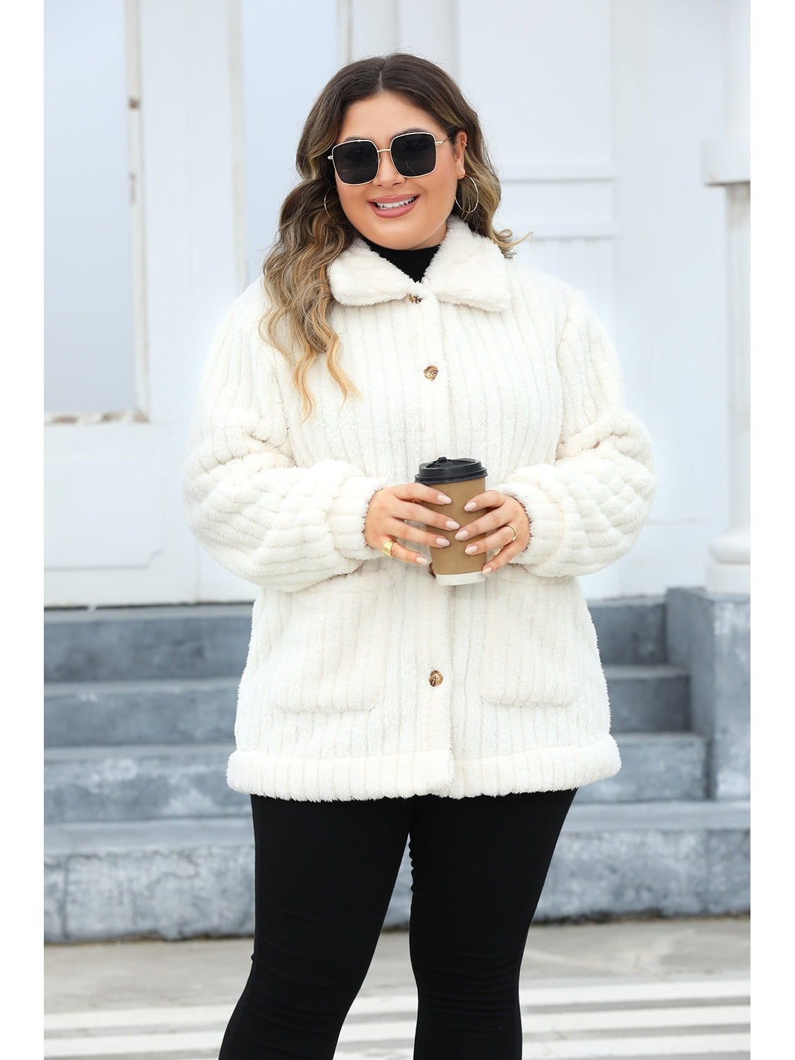 Plus Size Fuzzy Collared Neck Long Sleeve Jacket