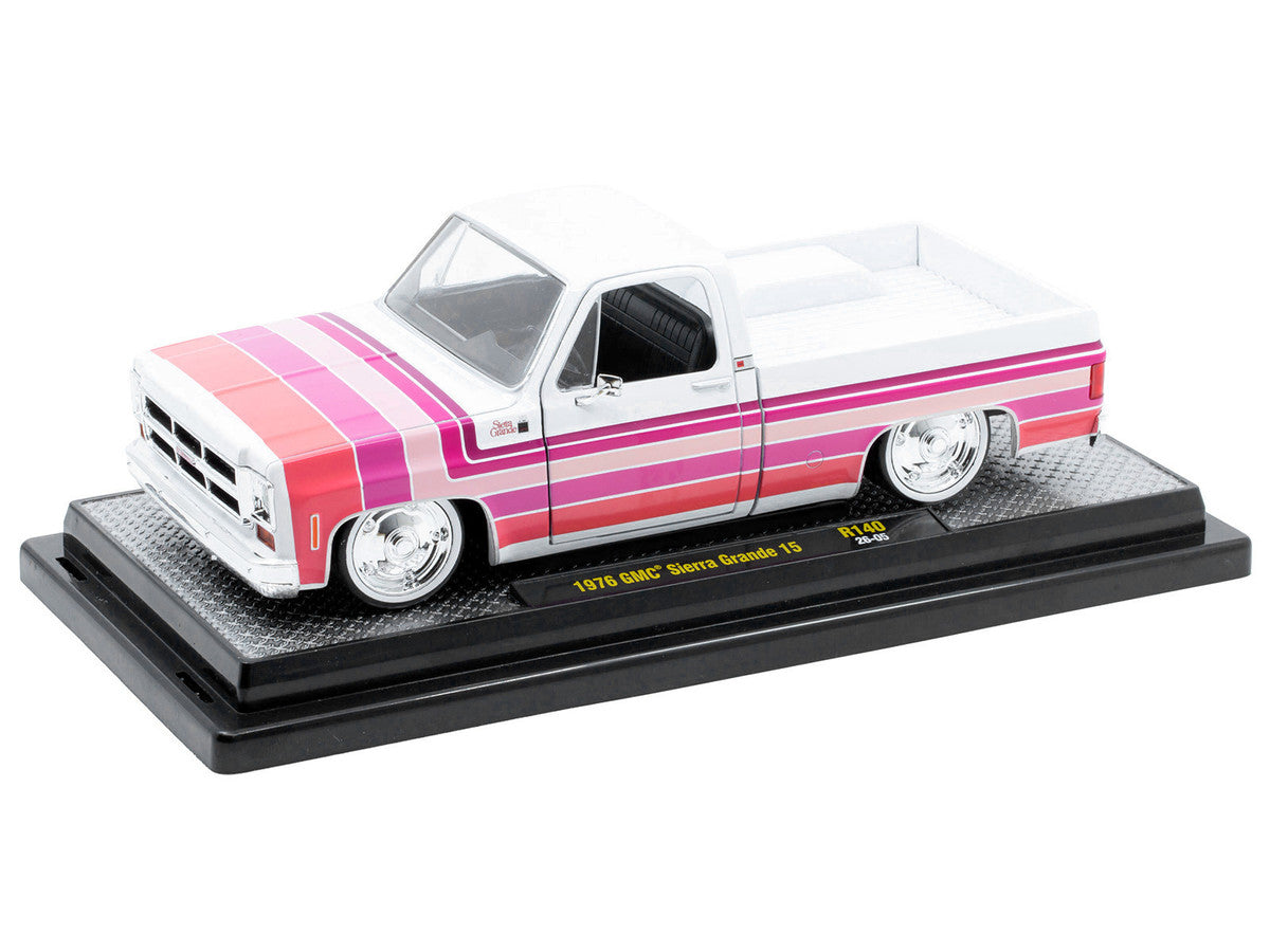 1976 GMC Sierra Grande 15 Pickup Truck White with Stripes Limited Edition to 9250 pieces Worldwide 1/24 Diecast Model Car by M2 Machines