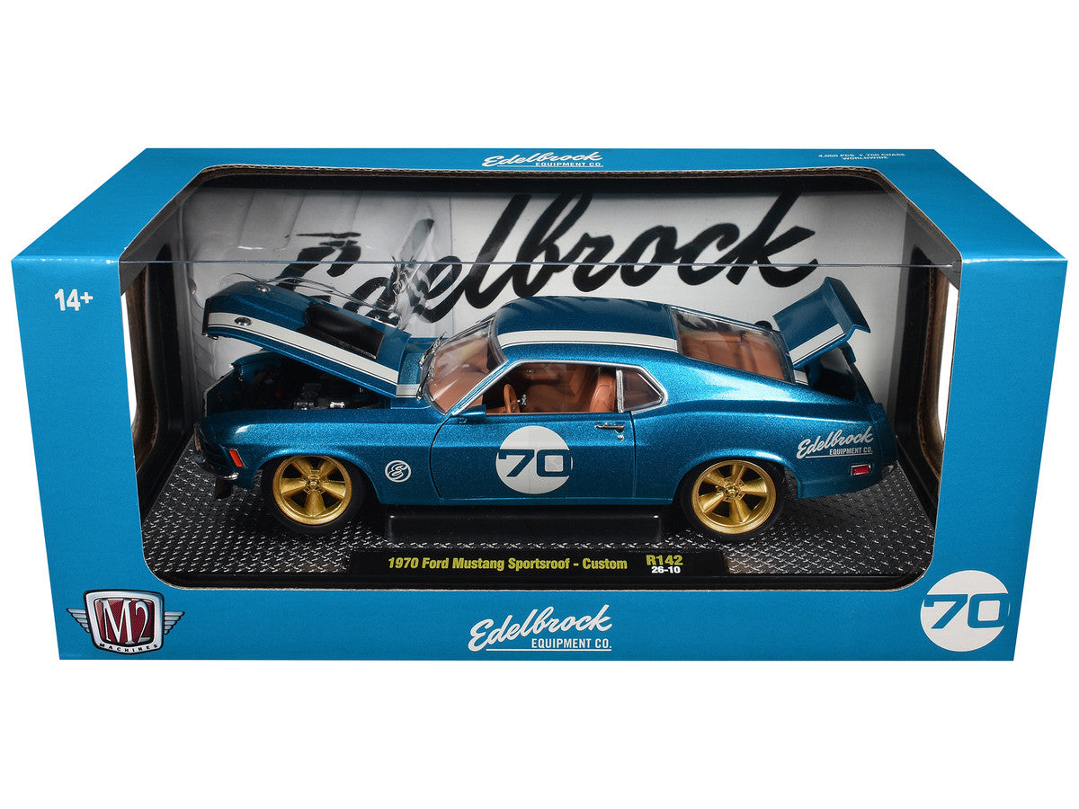 1970 Ford Mustang Sportsroof #70 Blue Metallic with White Stripes Limited Edition to 4050 pieces Worldwide 1/24 Diecast Model Car by M2 Machines