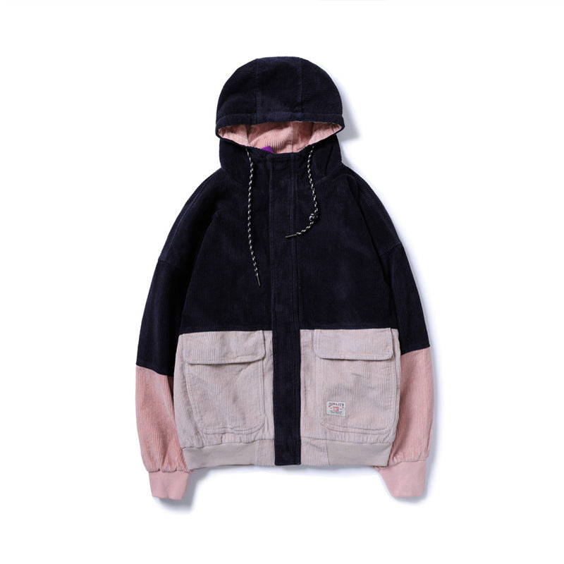 Corduroy Hip-Hop Patchwork Hooded Jacket for Couples