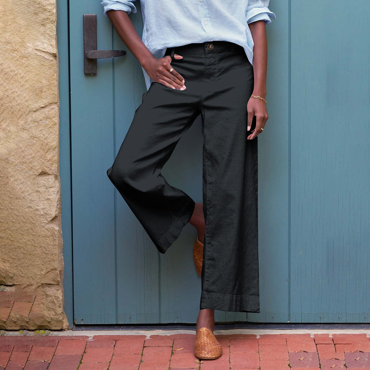 European And American Style High-Waisted Solid Color Cropped Flared Loose Wide-Leg Womens Trousers With Buttons