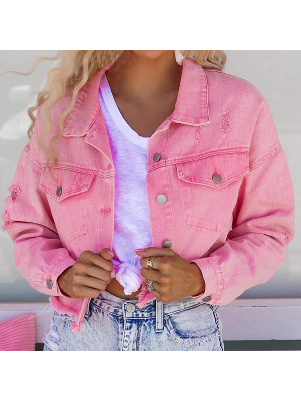 Distressed Raw Hem Dropped Shoulder Denim Jacket