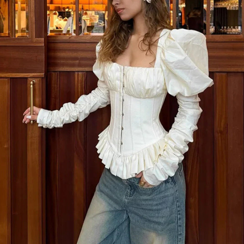 Square Neck Puff Sleeve Corset Peplum Top