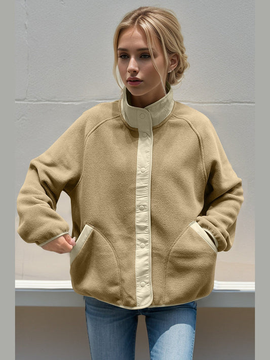 Women Double Take Snap Down Raglan Sleeve Jacket with Pockets