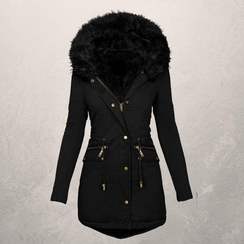 Medium Length Hooded Cotton Padded Jacket with Wool Collar