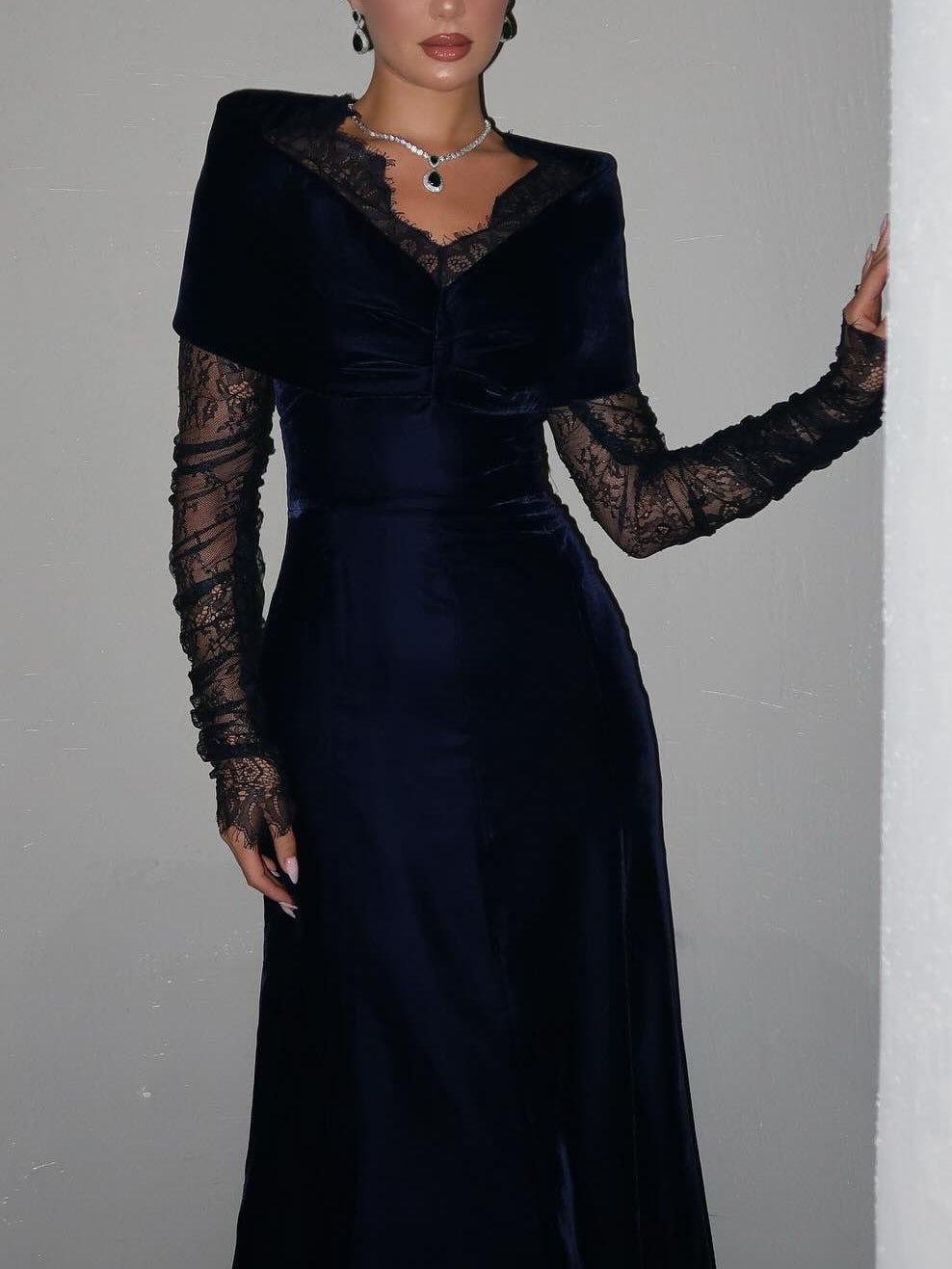 Navy Blue Velvet Lace Long-Sleeve Gown