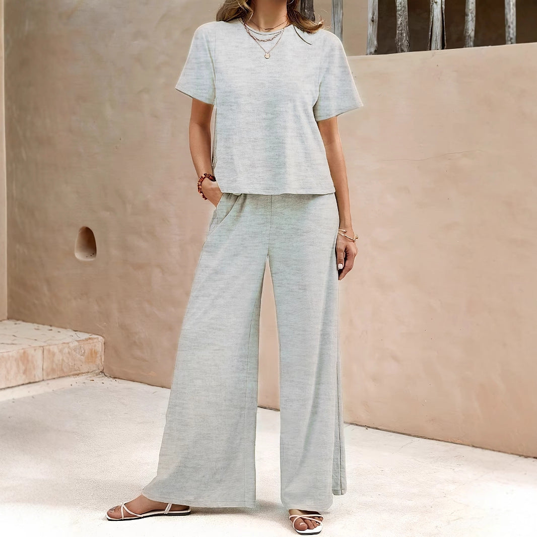 Women's Summer Fashion Solid Color Round Neck Top Paired With Casual Wide Leg Pants Set