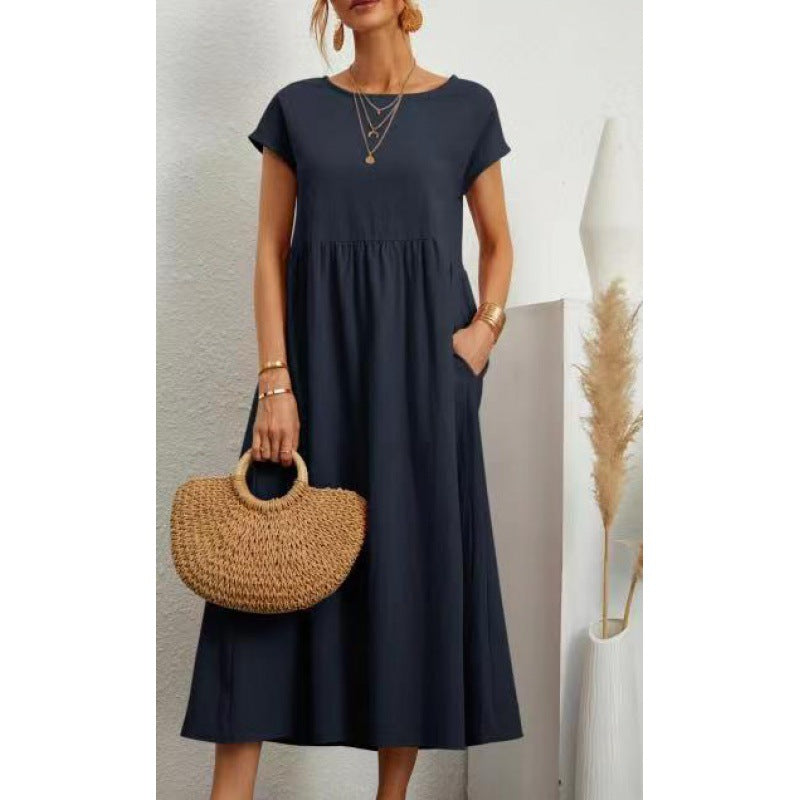 2026 New European And American Women's Round Neck Solid Color Pullover Comfortable Casual Dress