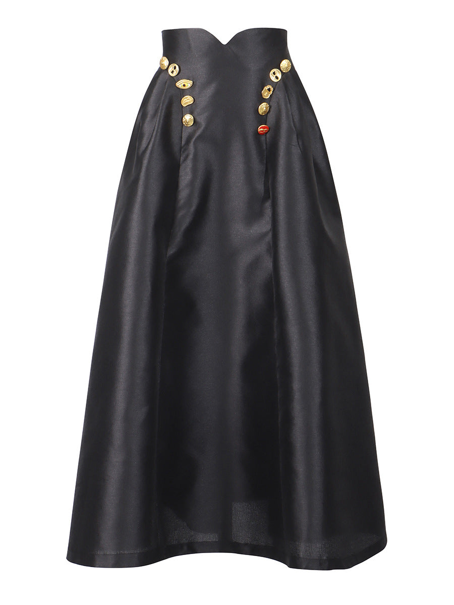 Irregularly Shaped Button-decorated Pleated Midi Skirt