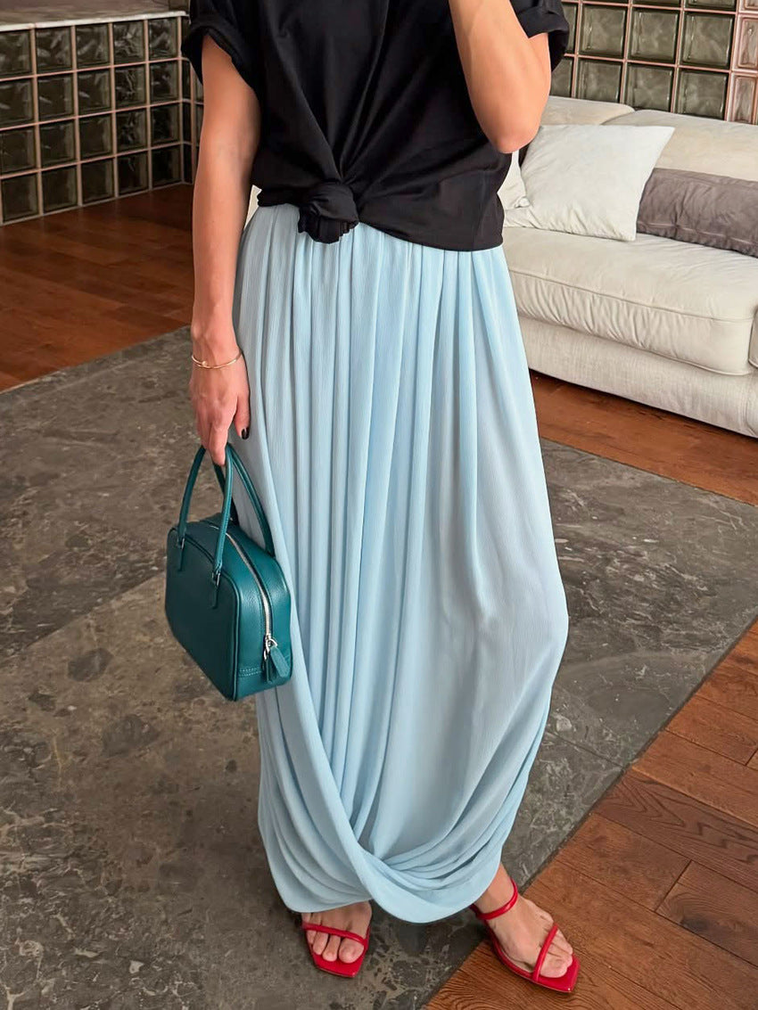 Draped Pleated Wide Leg Maxi Skirt