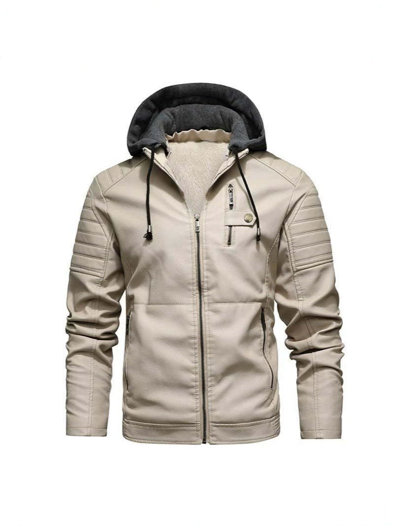 2026 Autumn And Winter New Men's Leather Jacket, Youth Men's Coat, Fleece-Lined Hooded Leather Jacket, Men's Jacket, Factory Ready Stock