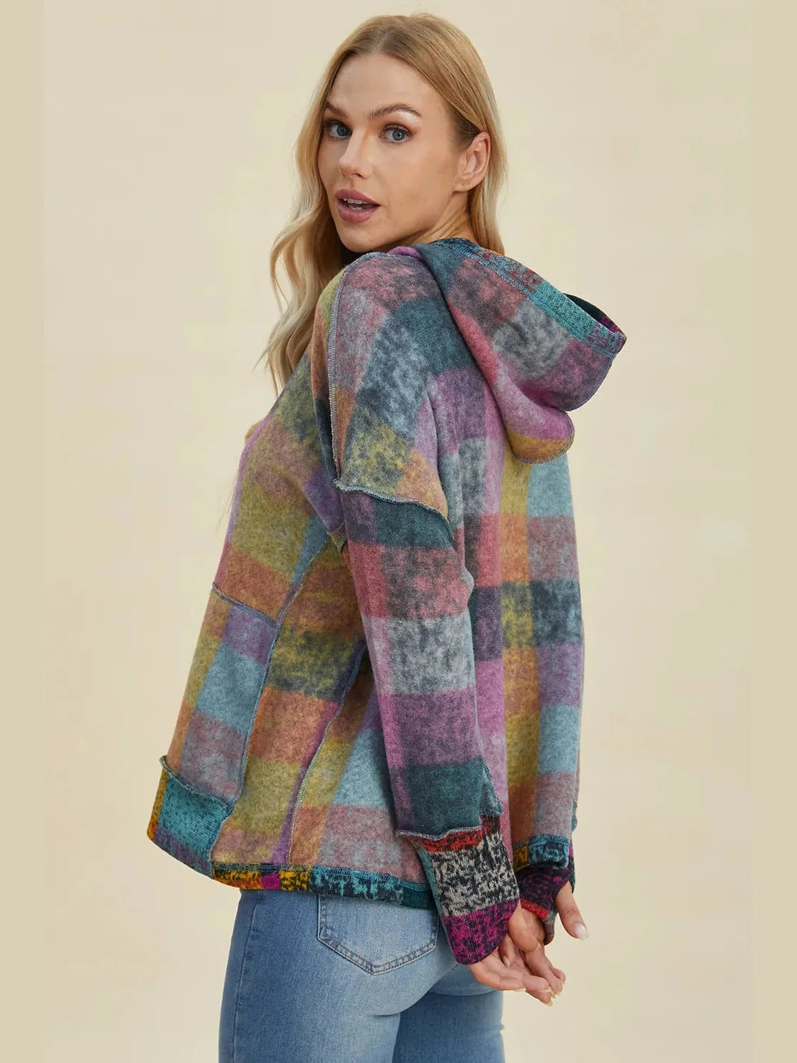 Double Take Full Size Plaid Dropped Shoulder Fleece Hoodie