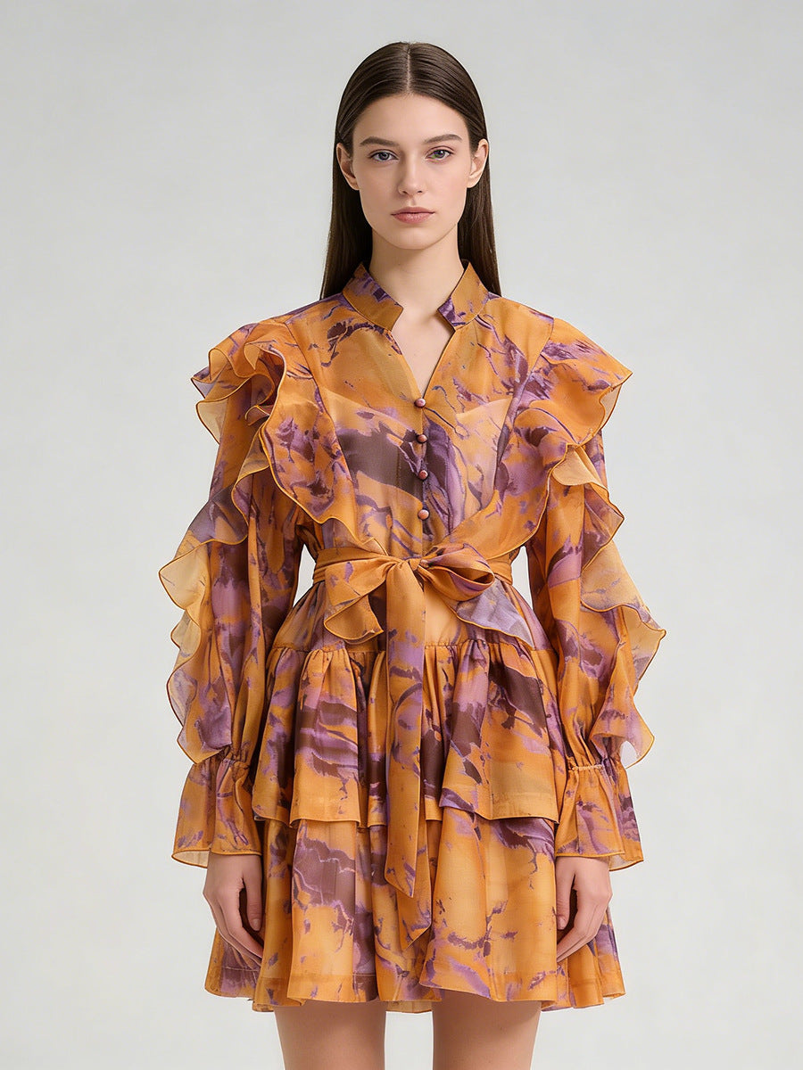 V-neck Ruffled Tie-waist Dress