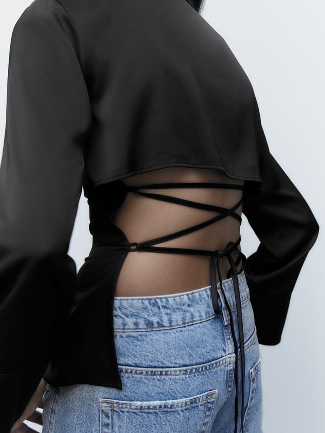Black Satin Backless Lace-up Shirt