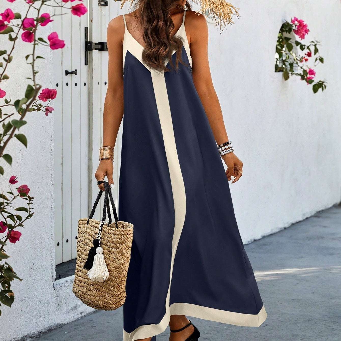 Women Two-Tone Sleeveless Casual Summer Dress Maxi Women Outfit