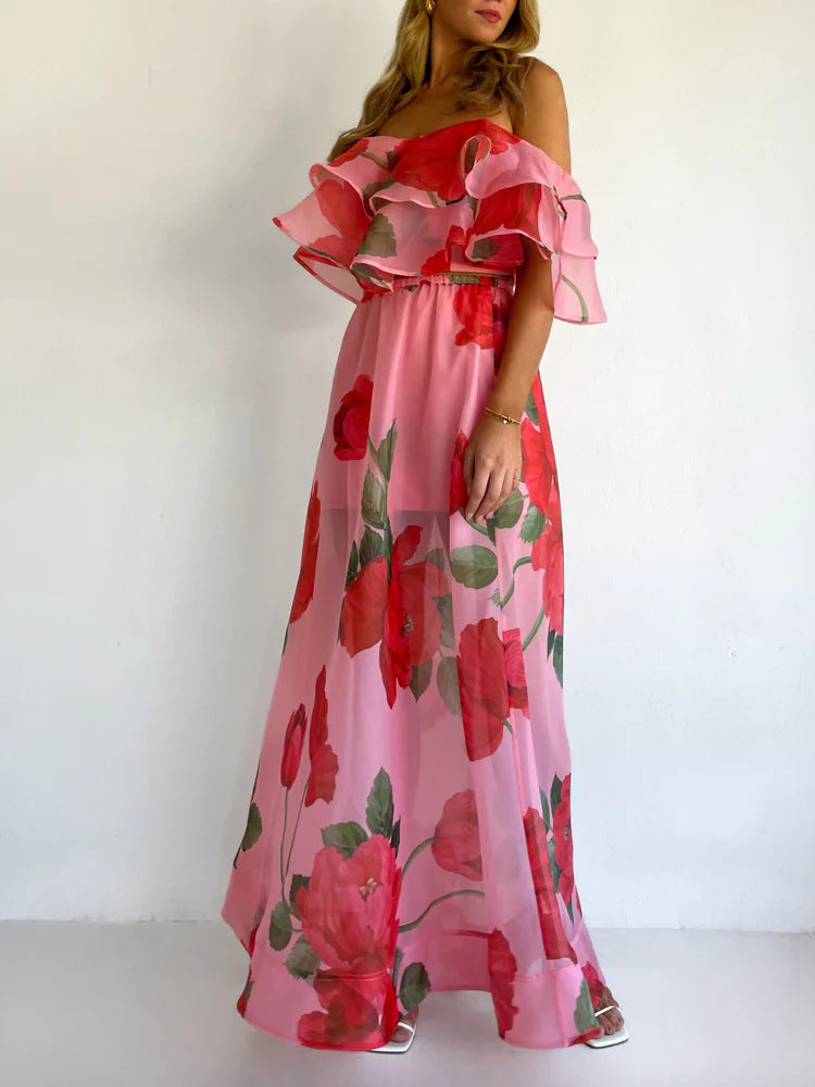 Sexy Strapless Irregular Print Ruffled Fashion Suit Long Dress